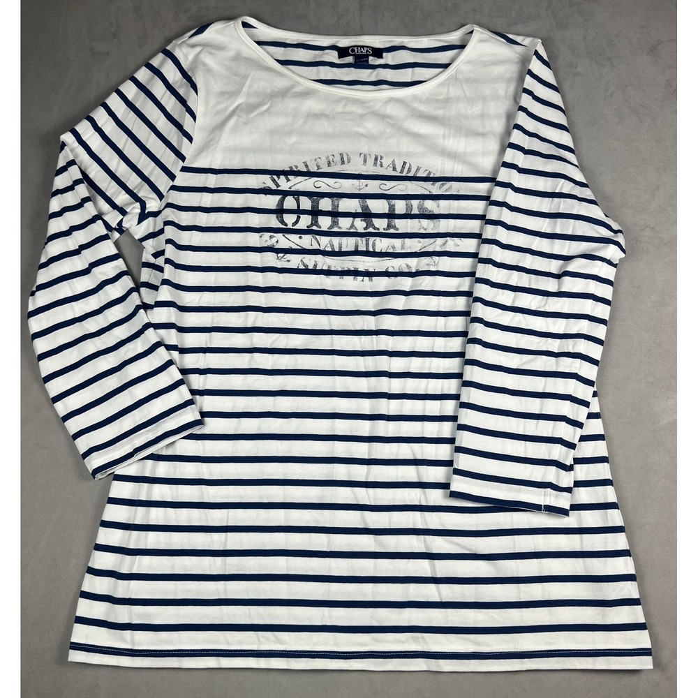 Chaps Womens XL Nautical Striped 3/4 Sleeve Boat Neck Graphic T-Shirt Navy White